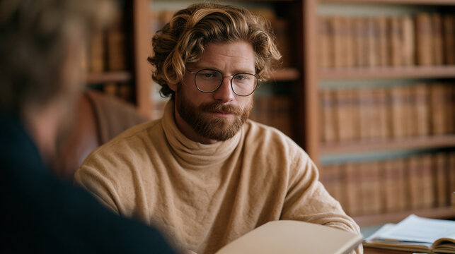 Pastor's adult child sitting across from a seminary academic reviewing a list of theological doubts written in a notebook, faith deconstruction process meeting in a modest