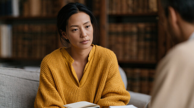 Pastor's adult child sitting across from a seminary academic reviewing a list of theological doubts written in a notebook, faith deconstruction process meeting in a modest