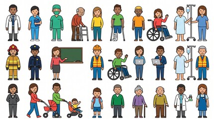 Fototapeta premium Diverse professional people characters collection including doctors firefighters construction workers teachers and elderly individuals presented in a clean flat vector style on white background set
