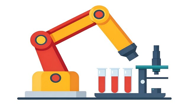 Flat illustration of a red and yellow robot arm working with test tubes in a laboratory setting