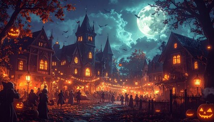 Obraz premium Spooky Halloween night background with pumpkins, bats, moon and dark haunted forest silhouette in autumn horror illustration design for seasonal celebration party and October spooky theme vector artwo