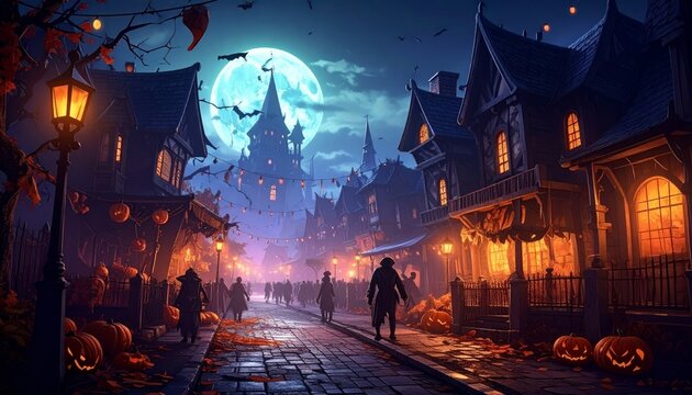 Spooky Halloween night background with pumpkins, bats, moon and dark haunted forest silhouette in autumn horror illustration design for seasonal celebration party and October spooky theme vector artwo