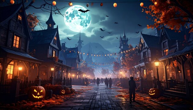 Spooky Halloween night background with pumpkins, bats, moon and dark haunted forest silhouette in autumn horror illustration design for seasonal celebration party and October spooky theme vector artwo