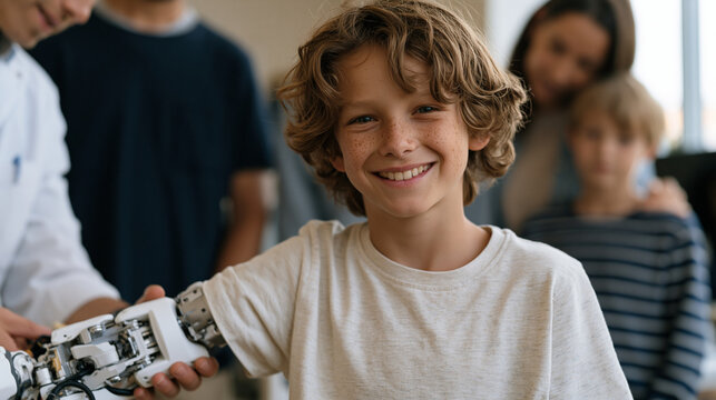 Child amputee grins widely as a pediatric prosthetist calibrates a new myoelectric robotic arm in a rehabilitation clinic, close-up framing on the child's face and the clinician's