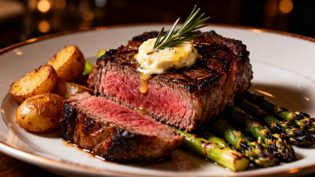 Fine Dining Ribeye Steak with Grilled Asparagus and Potatoes