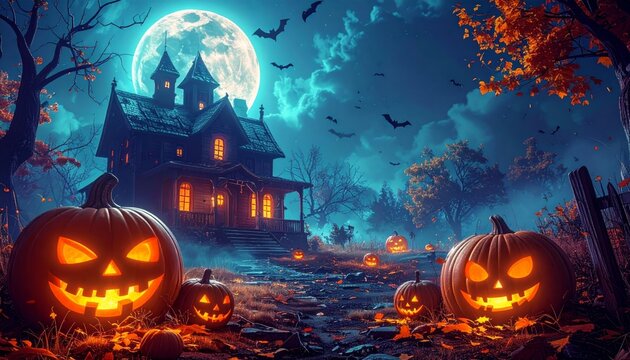 Spooky Halloween night background with pumpkins, bats, moon and dark haunted forest silhouette in autumn horror illustration design for seasonal celebration party and October spooky theme vector artwo