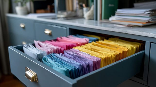colorful file folders neatly organized in office drawer, for business administration and document management marketing content