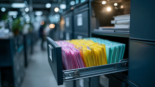 colorful file folders neatly organized in office drawer, for business administration and document management marketing content