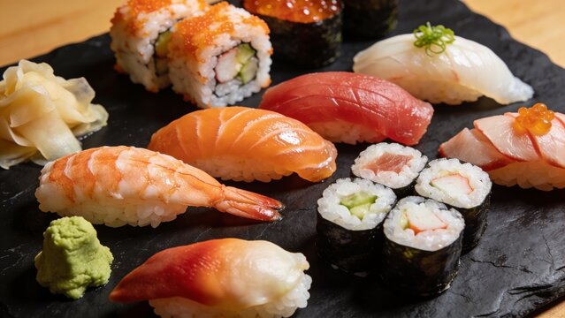 Luxury Sushi and Sashimi Assortment on Black Stone Plate