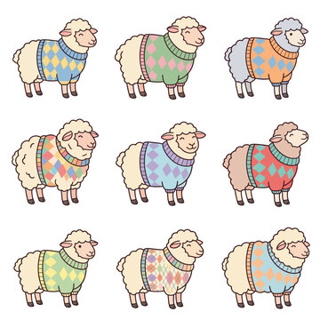 Eight sheep wearing colorful sweaters standing.