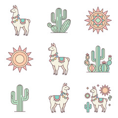 Fototapeta premium Llamas and cacti in desert landscape.