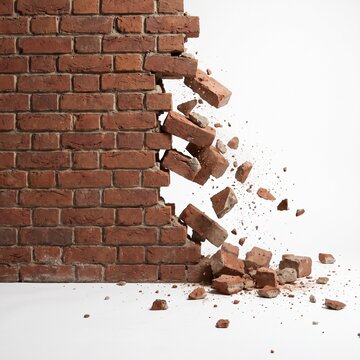 Partially collapsed red brick wall with falling bricks and debris on white background
