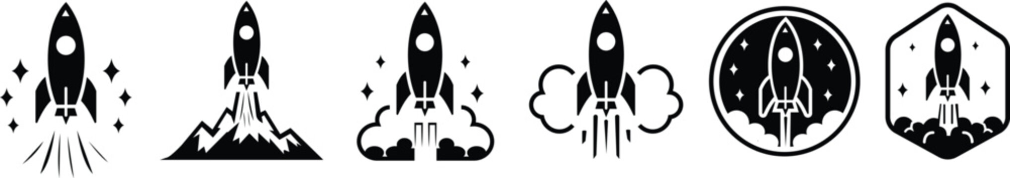Set of black silhouette rocket launch icons, space shuttle emblems, and startup badges with smoke clouds and stars vector illustration isolated for business, technology, and space exploration design