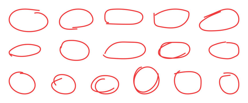 Set of hand drawn red doodle ellipses. Highlight circle frames, Bright red scribble ovals and bubbles. Hand drawn outline sketch wave circle mark elements  isolated on white background. 