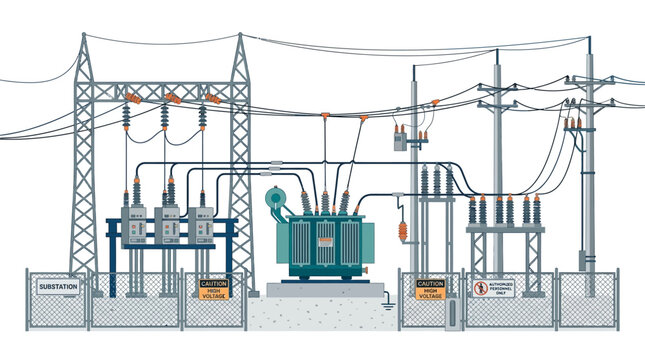 Electrical Substation with High Voltage Transformers and Power Lines in Bright Studio