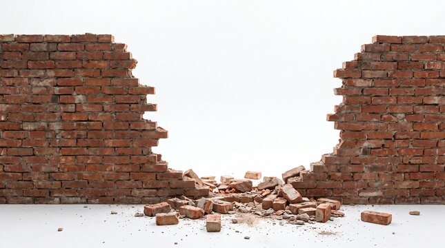 Partially collapsed red brick wall with debris on white background, symbolizing destruction