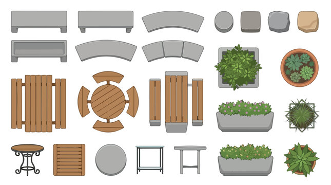 Outdoor furniture top view vector set, patio garden seating with fire pit and wooden benches, backyard landscape design elements
