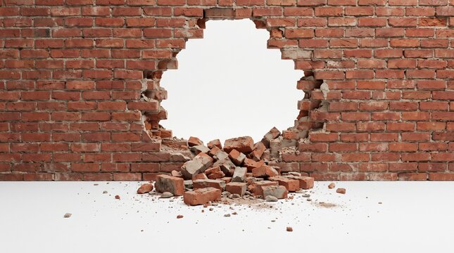 Damaged red brick wall with large hole and fallen debris on clean white floor