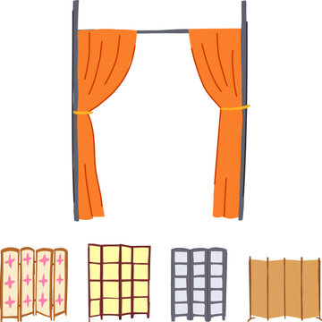 Various decorative room dividers and stage curtains providing flexible solutions for partitioning, privacy, and creating distinct zones for interiors, events, and spatial arrangements