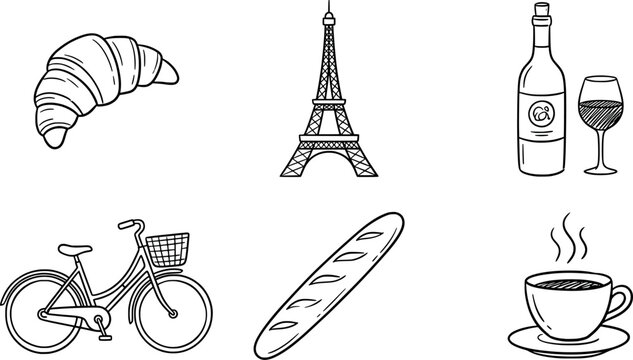 Paris travel elements doodle set, hand drawn collection of french icons including eiffel tower, croissant, wine, perfume, scooter, isolated on white background