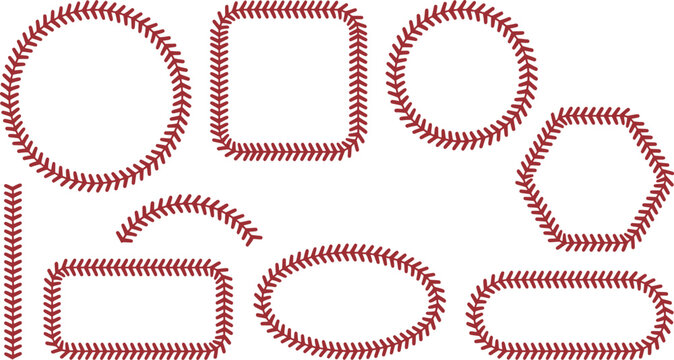 Set of baseball stitch frames in various shapes including square, circle, oval, rectangle, hexagon, and semicircle isolated on white background