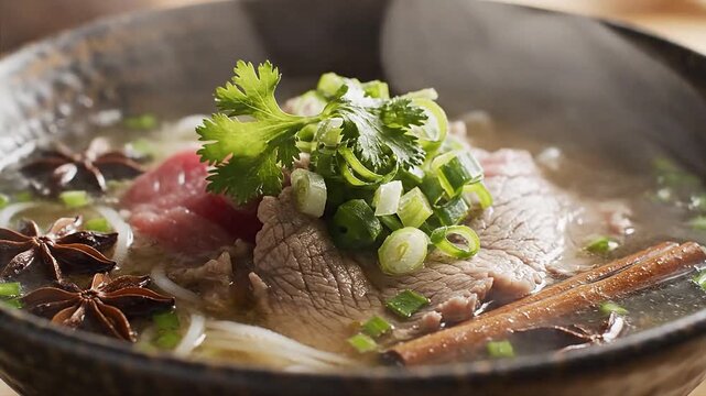 Close-up of authentic Vietnamese pho broth simmering with beef, rice noodles, herbs, and aromatic spices in a cinematic cooking scene.