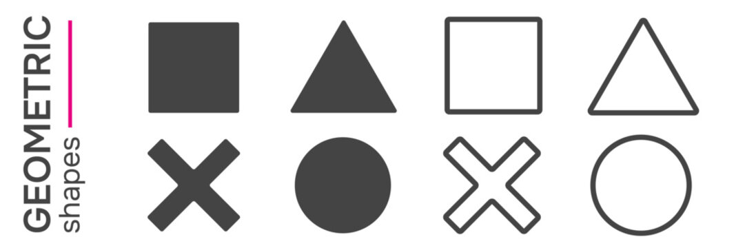 Triangle sign, square figure and circle shapes. Cross  outline and solid icon. 