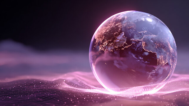 glowing purple digital globe with network connections, symbolizing global technology, worldwide data communication, business innovation and internet connectivity concept