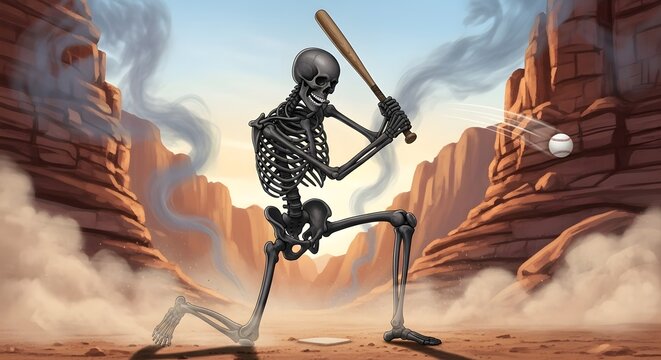 Skeleton playing baseball in a desert canyon landscape