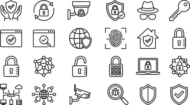 Minimalist black line art icon set featuring cyber security data protection padlock surveillance camera hacker and shield