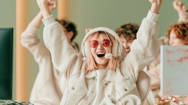 Excited Asian girl gaming hero with friends cheering victory, wearing a soft fleece jacket and headset in a muted sage esports room for gaming lifestyle imagery