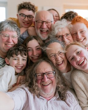 Large joyful multi-generational family taking a candid selfie in a sunlit living room with a warm soft atmosphere for lifestyle and togetherness
