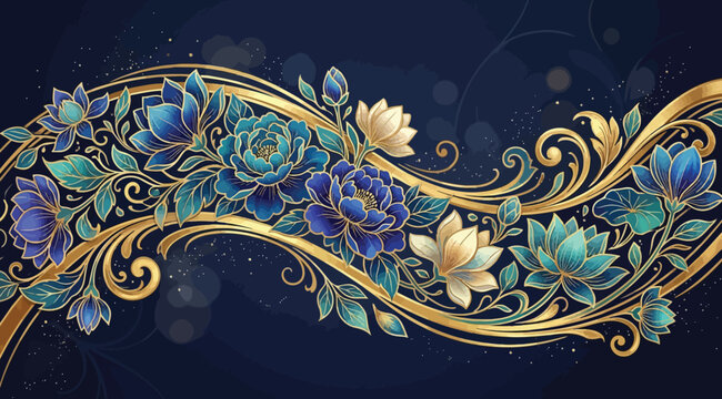 Elegant floral border with blue and gold flowers on a dark blue background