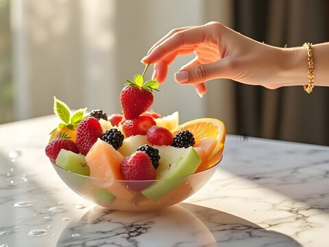 Estate: salutare merenda con frutta estiva, macedonia, succo, gelato e vitamine