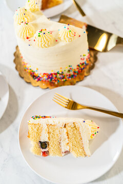 Single slice of cake with frosting swirls