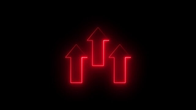 Glowing neon three upward arrows isolated on black background. business success financial increase arrow symbol.
