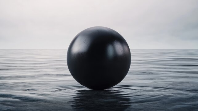 A black sphere sits in the water, creating a sense of stillness and tranquility.