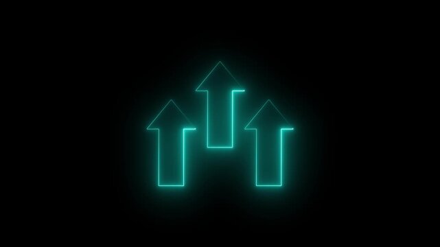 Glowing neon three upward arrows isolated on black background. business success financial increase arrow symbol.