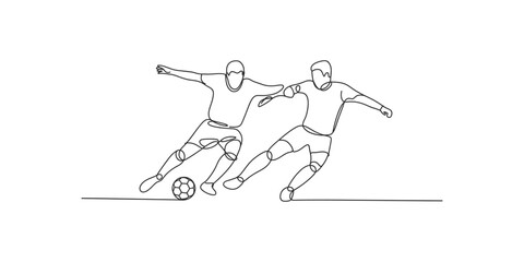 Fototapeta premium Continuous line drawing of two soccer players competing for the ball on white background