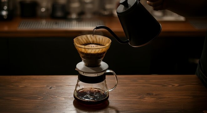 Specialty coffee pour-over process on wooden bar close-up
