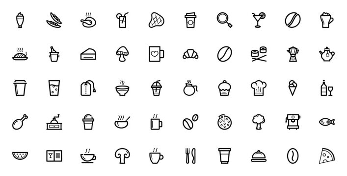 Cafe & restaurant icon set. Minimalist vector icons pack. Featuring latte, coffee, roasted chicken, pizza, sushi, cake, ice cream, wine, soup, croissant, blender, tea pot, coffee bean, chef hat, cockt