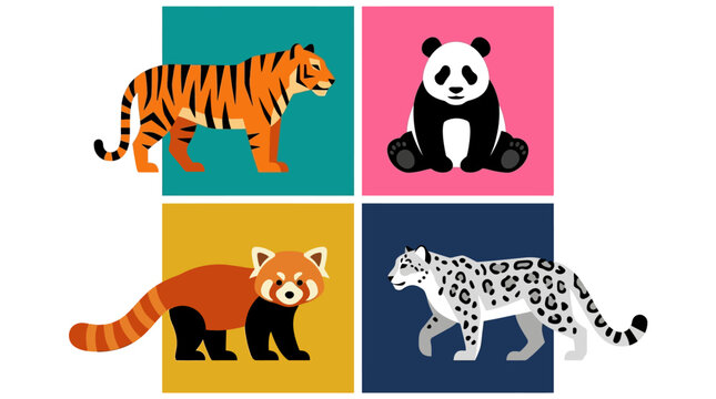 Set of wild animals illustration featuring tiger panda red panda and snow leopard.