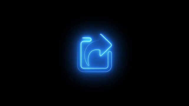 Glowing neon share icon with curved arrow and square frame.