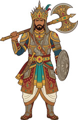 Obraz premium Indian warrior in traditional golden armor holding large battle axe and shield for historical concept
