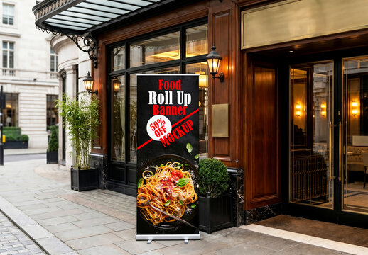 Food roll up banner mockup outside luxury restaurant entrance