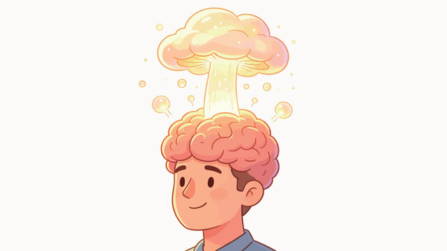Cheerful cartoon illustration of a man with a bright glowing mushroom cloud idea bursting from his open brain, symbolizing a great eureka moment of inspiration and innovation.