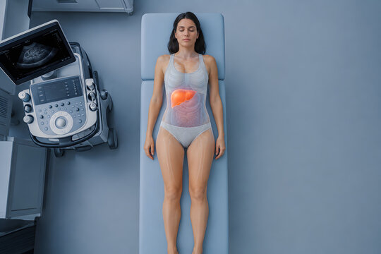 Top-down view of a woman on a clinical examination table with transparent body visualization highlighting a healthy liver in a modern hospital diagnostic setting with ample copy space.

