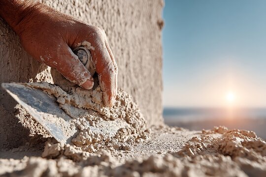 Close-up of hand using trowel to apply plaster onto wall during construction or renovation process at sunset