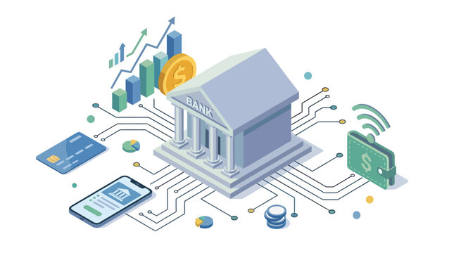 An isometric digital banking concept illustration portrays a modern financial technology ecosystem connecting a central bank to mobile apps, smart e-wallets, credit cards, and daily investment charts