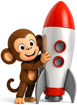 Monkey Standing Beside Rocket Ship , 3d Rendering